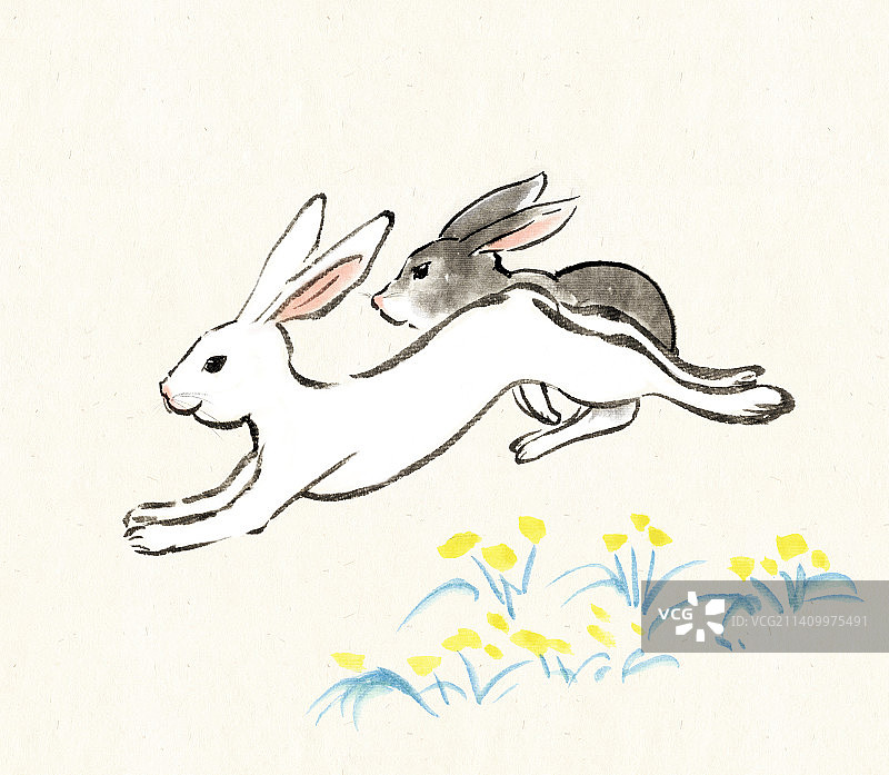 水墨十二生肖之两只并肩奔跑的兔子图片素材