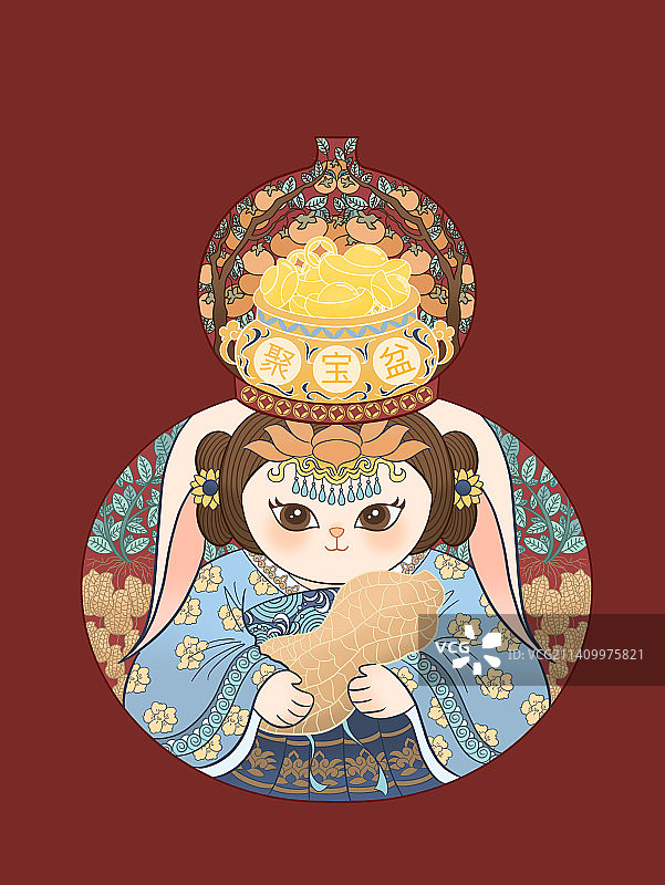 兔子葫芦柿子花生聚宝盆国潮风插画图片素材