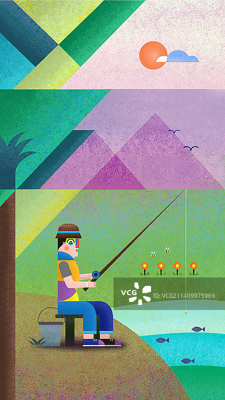 一个人悠然自得的钓鱼插画壁纸图片素材