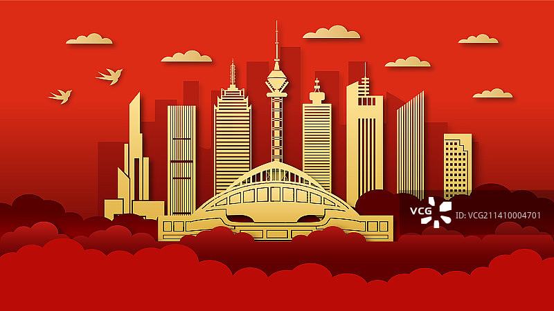 中国河北石家庄市城市剪纸风矢量插画图片素材