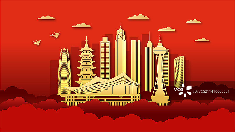 中国浙江宁波市城市剪纸风矢量插画图片素材