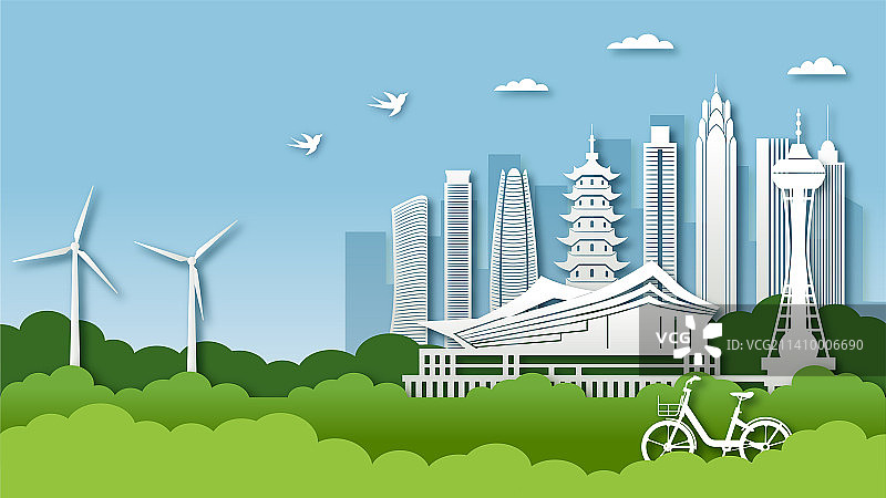 中国浙江宁波市城市剪纸风矢量插画图片素材