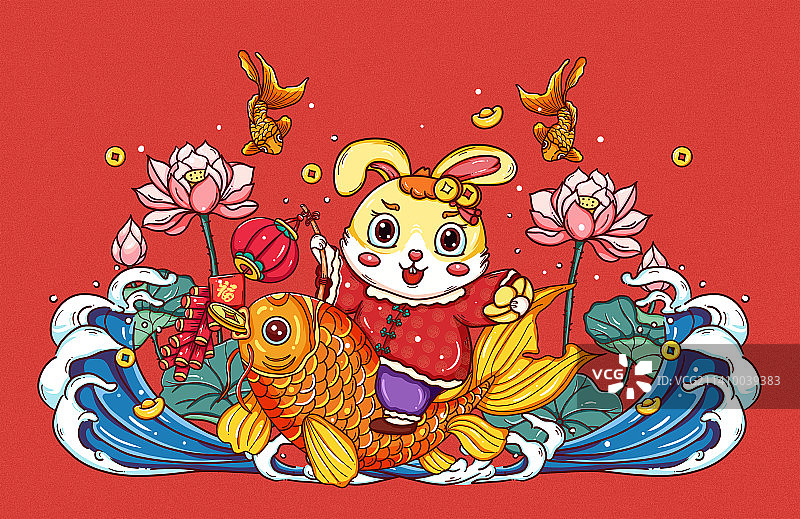 国潮风喜庆新年春节年年有鱼兔年插画图片素材