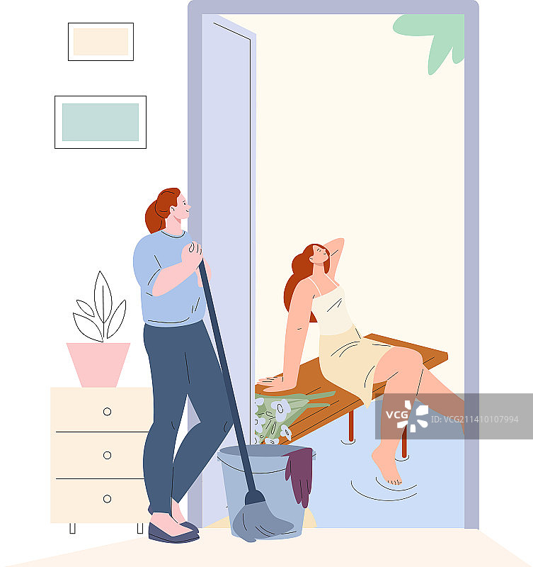 梦想着海上假期的清洁女工图片素材