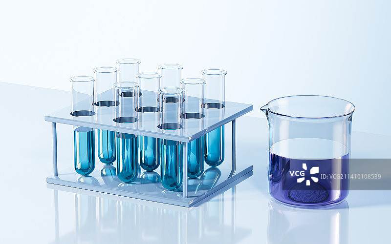 实验室里的试管和烧杯3D 渲染图片素材