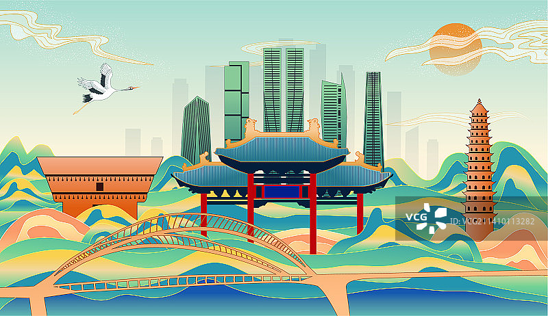 中国山西太原市城市国潮国风海报插画图片素材