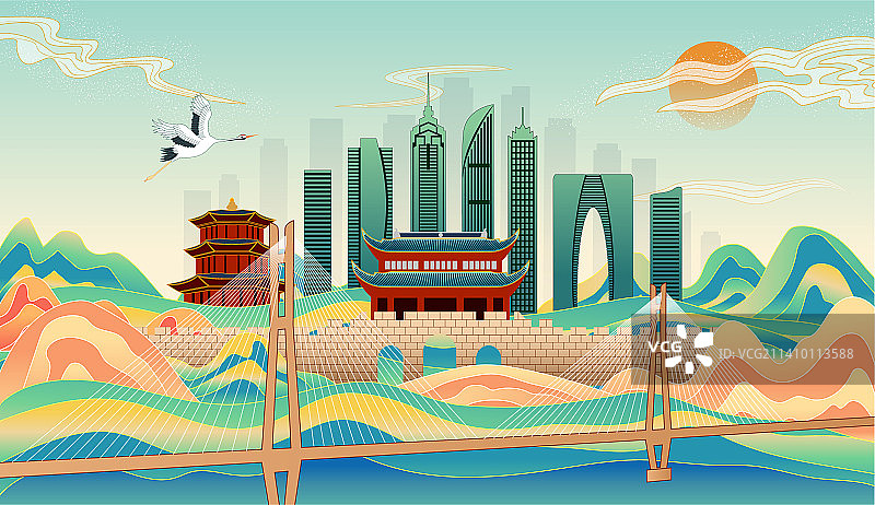 中国江苏苏州城市国潮国风海报插画图片素材