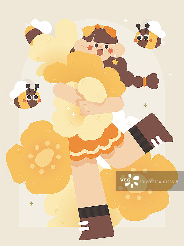 矢量人物插画系列少女与蜜蜂花朵图片素材