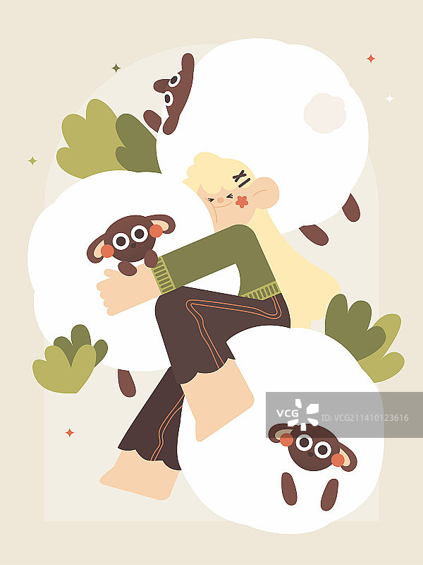 矢量人物插画系列女孩与绵羊草原图片素材