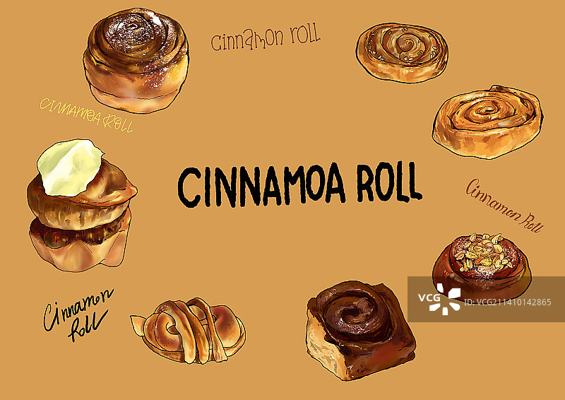 肉桂卷手绘烘培元素加手写英文模版横版图片素材