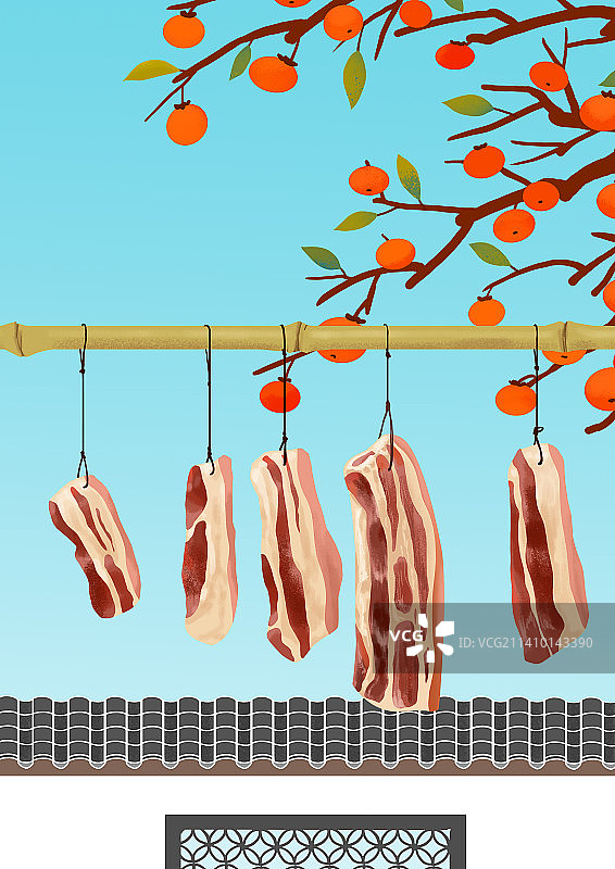 农家的腊肉与柿子树图片素材