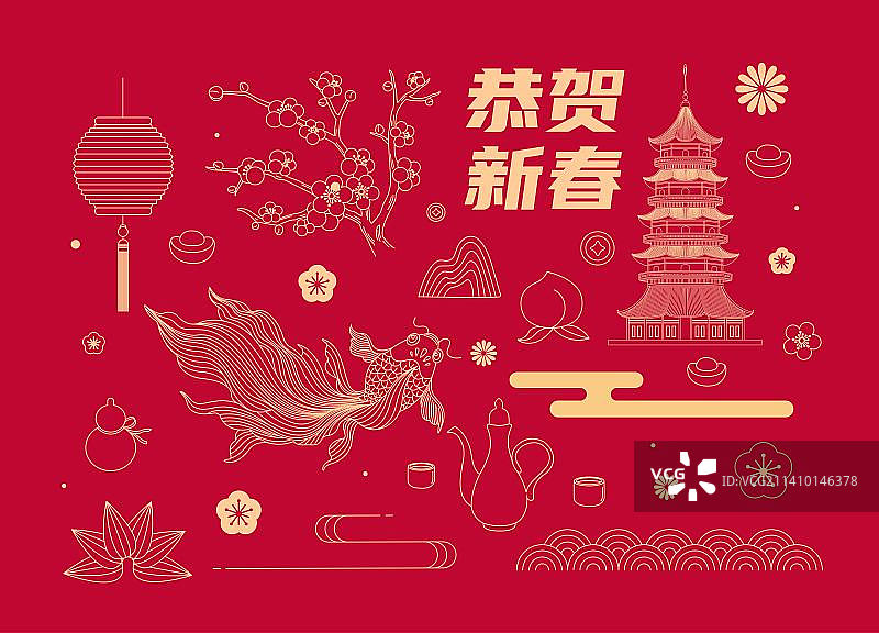 兔年新年春节除夕线描矢量插画元素图片素材