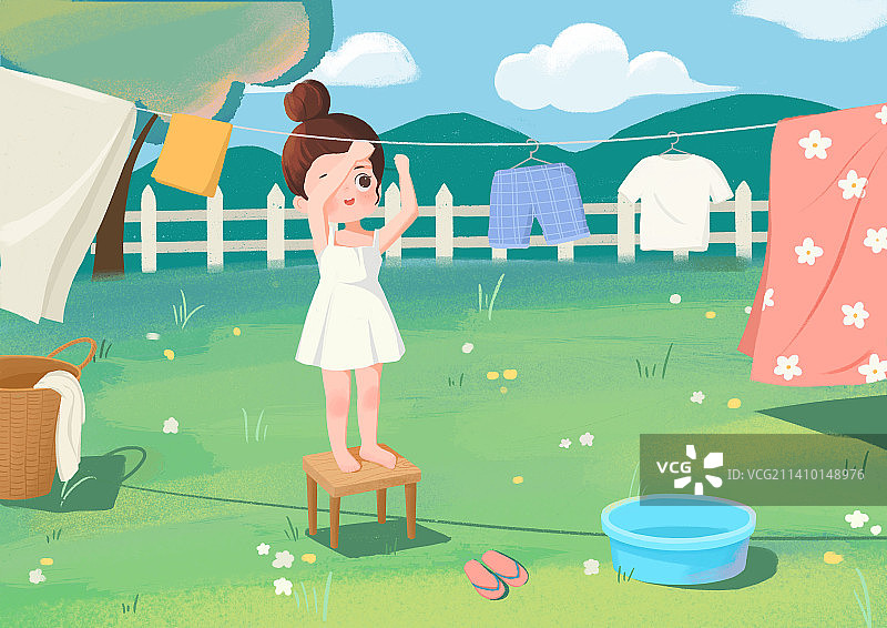 小女孩晒衣服图片素材