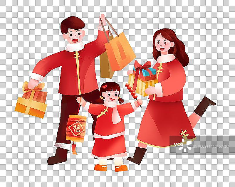 新年春节全家福逛庙会卡通人物图片素材