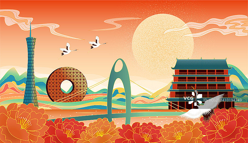 国潮喜庆节日中秋节日城市插画-广东广州市图片素材