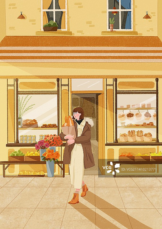 走出面包店的女孩图片素材