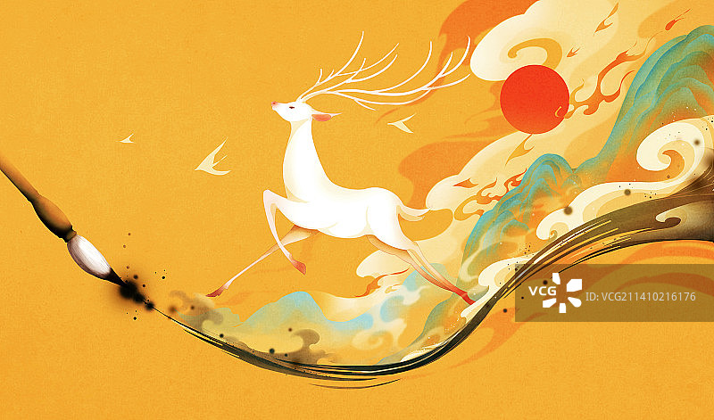 水墨，鹿，插画图片素材