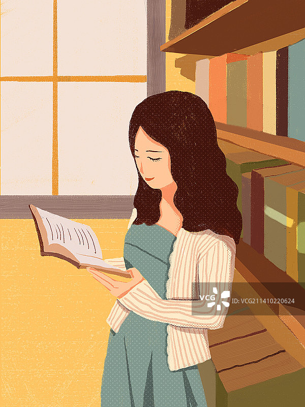 扁平风室内图书馆看书插画图片素材
