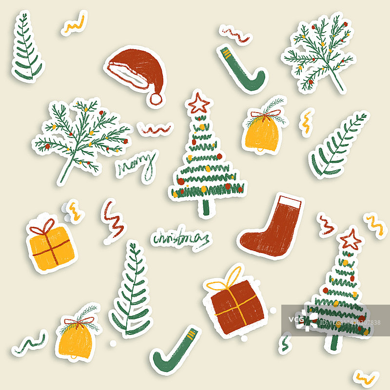 圣诞帽圣诞树礼物盒元素插画贴纸图片素材