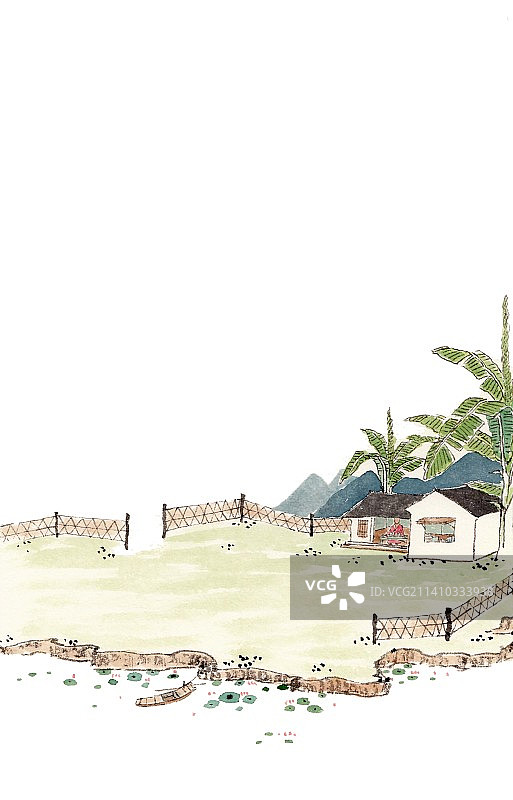 手绘水墨新中式写意插画夏图片素材