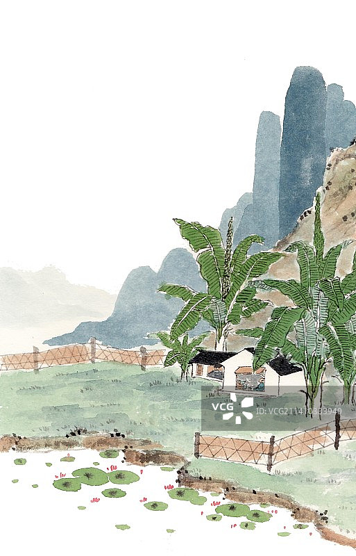 手绘水墨新中式写意插画夏图片素材