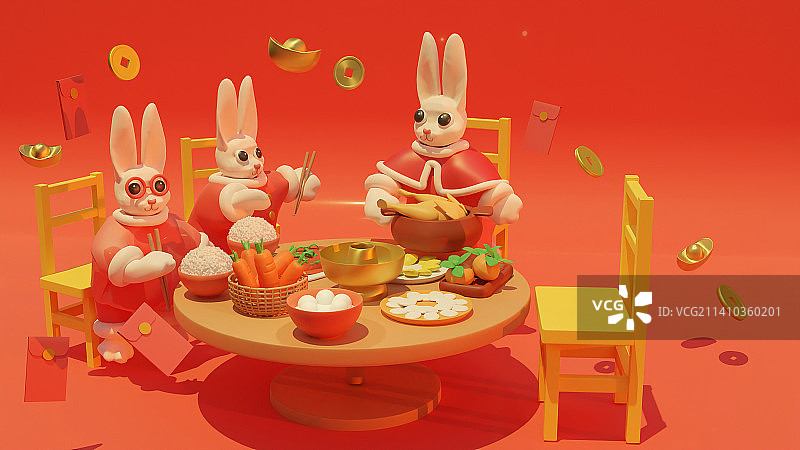 新年团聚吃年夜饭的兔年年俗图片素材