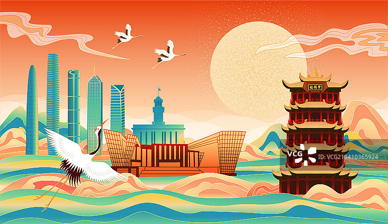 湖北武汉市国潮喜庆节日中秋节国庆节元旦春节城市插画图片素材