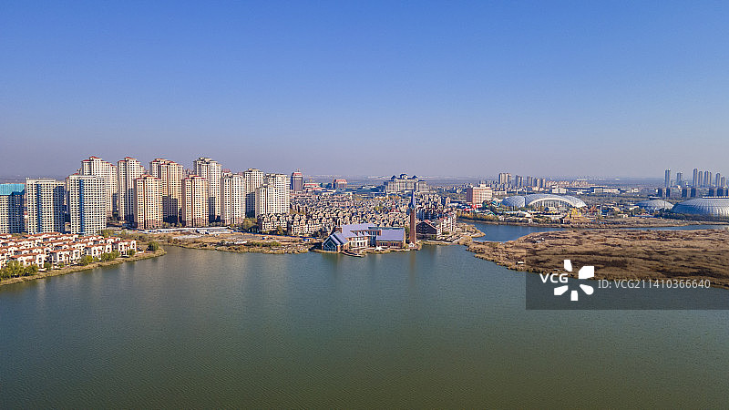 中国天津东丽湖丽湖建筑湖景航拍图图片素材