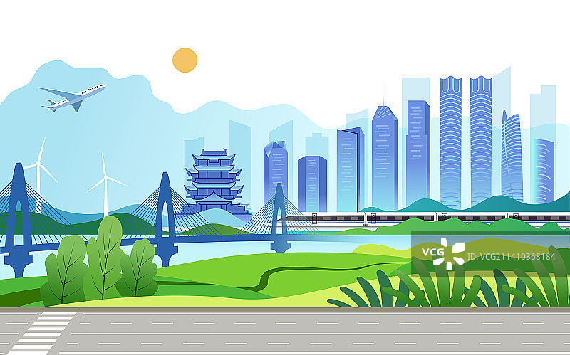 中国江西南昌市城市旅游景观矢量插画图片素材