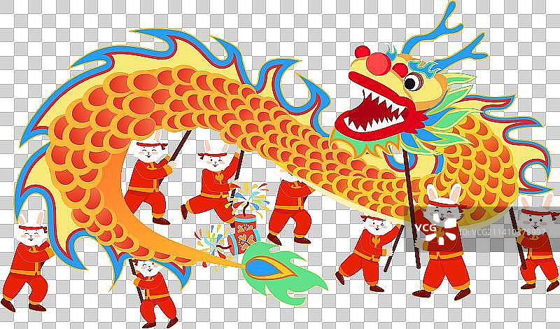 卡通节日春节兔年新年年货节年俗舞龙春运回家拜年跨年电商广告宣传广告海报建筑房地产扁平矢量插画免抠元素图片素材