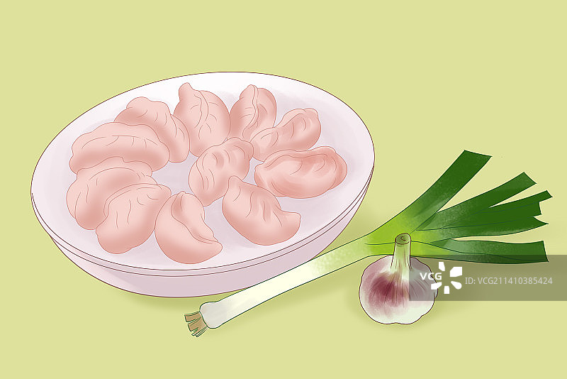传统民间地域东北美食水饺大葱大蒜坨蔬菜佐料插画图片素材