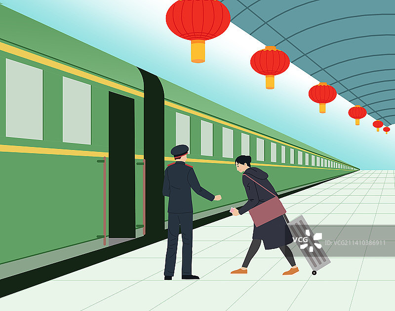 新年新春春节过年过节节日回家搭火车春运插画图片素材