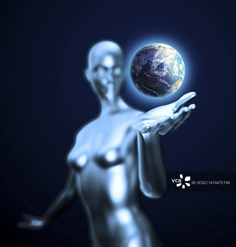 手持地球的安卓机器人，艺术作品图片素材