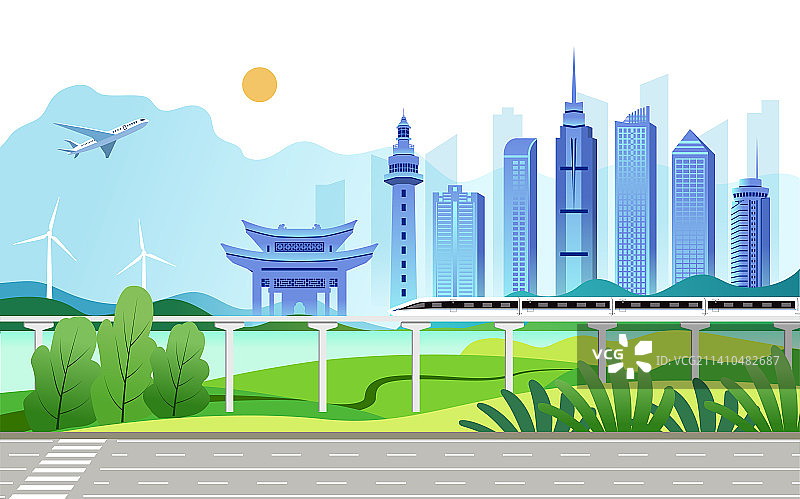 中国山东烟台市城市旅游景观矢量插画图片素材