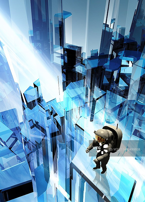 在未来主义建筑上的宇航员图片素材