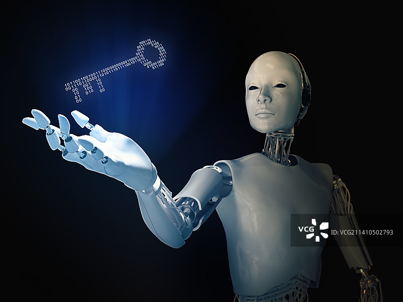 手持二进制代码钥匙的机器人图片素材