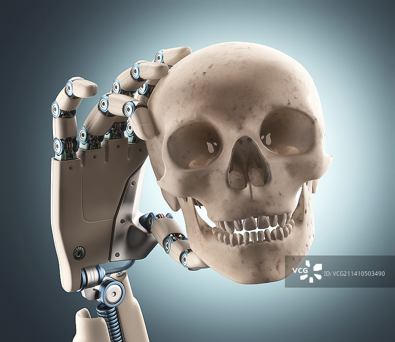 机械手托着人类头骨图片素材