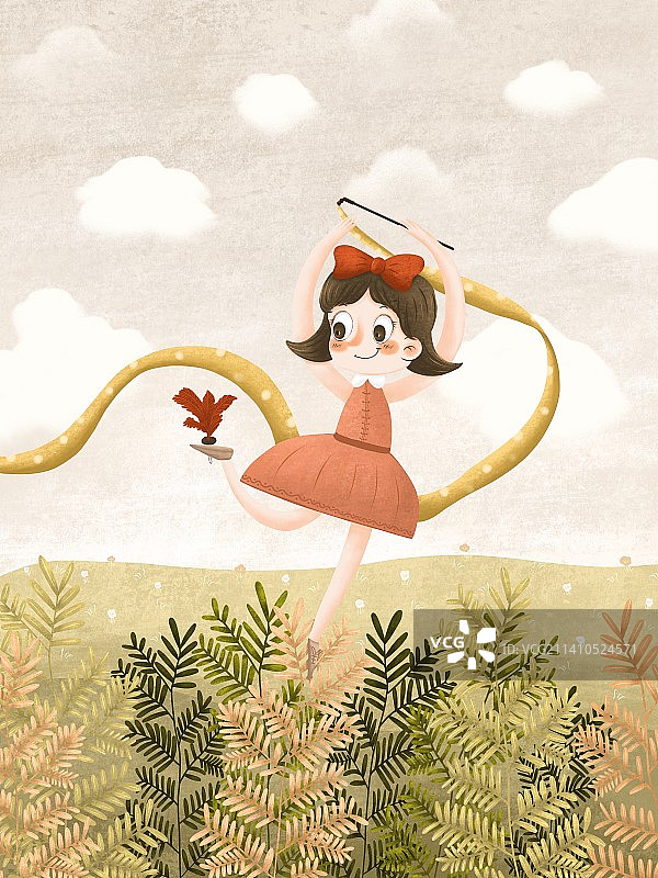 插画舞动彩带的小女孩图片素材