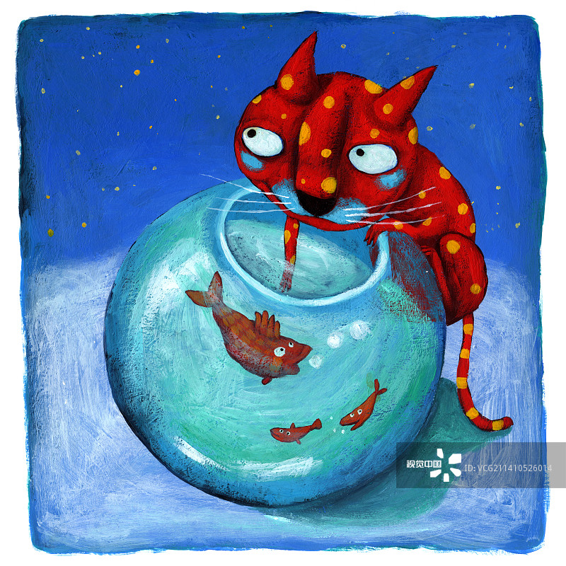 猫捉鱼插画图片素材