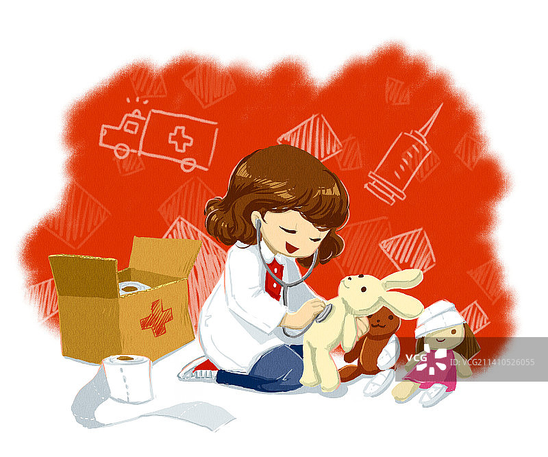 穿实验服检查泰迪熊的女孩插画图片素材