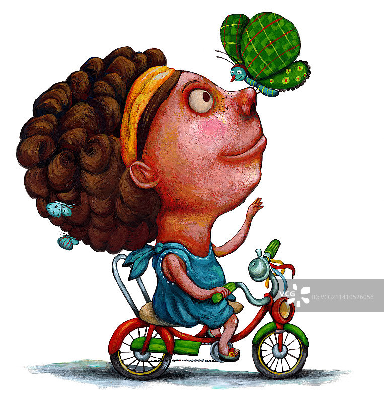 女孩和蝴蝶玩耍的插图图片素材