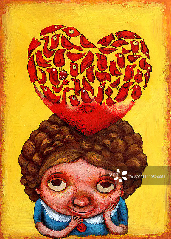 心形小鸟围绕的女孩插图图片素材