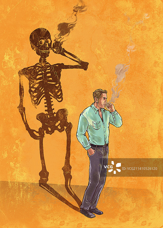 男人吸烟，带着骷髅阴影的插画图片素材