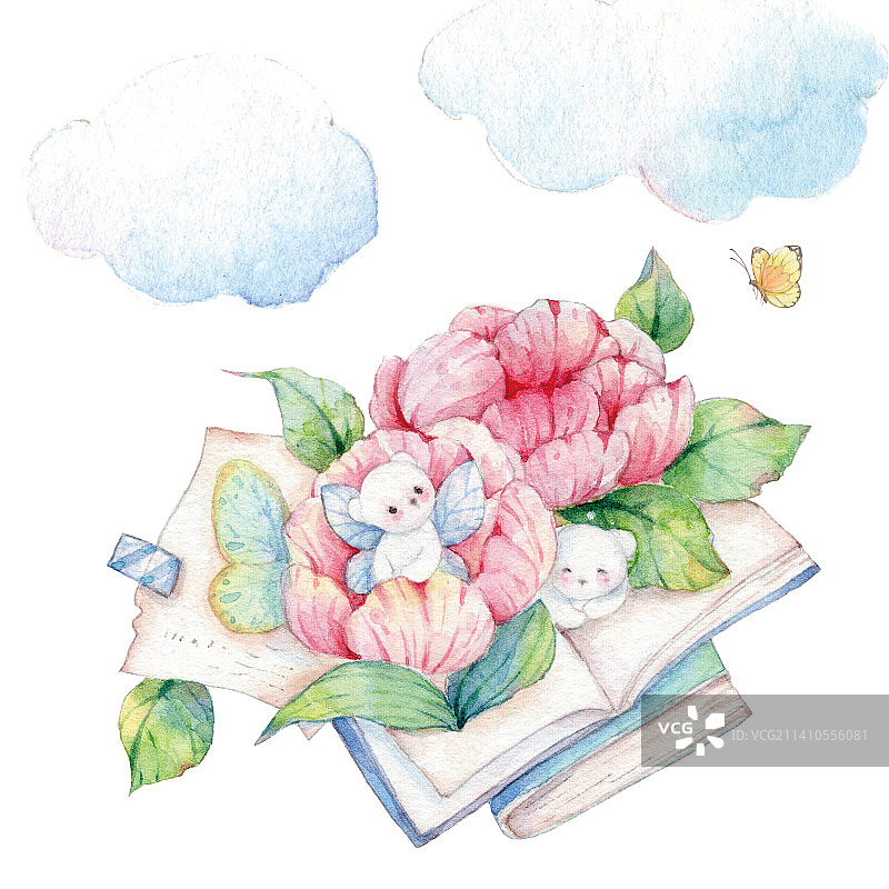 水彩手绘清新插画两只小熊精灵飞书环游天空图片素材
