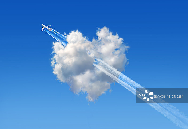 飞过心形云朵的飞机插画图片素材