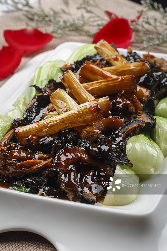 长方形白瓷盘装的葱烧海参图片素材