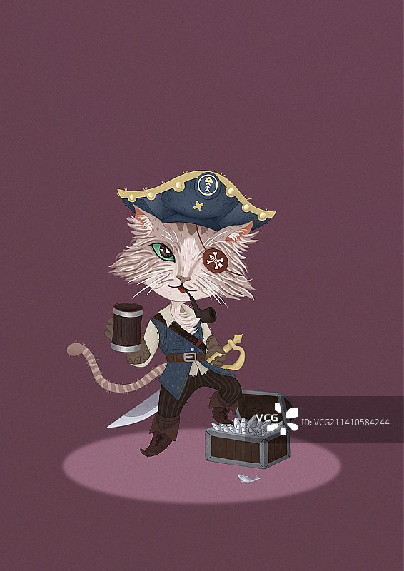 儿童插画风格，猫咪海盗角色设计，IP设计，图片素材