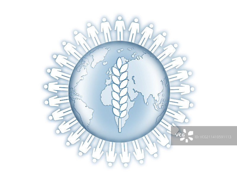 被手持麦穗的人们环绕的地球插图图片素材