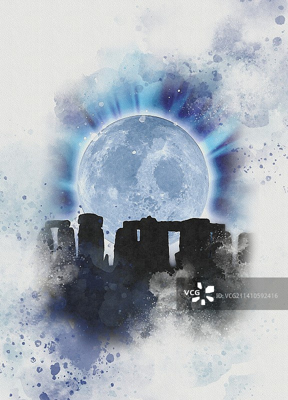 满月下的巨石阵插画图片素材