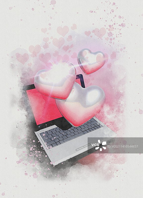 笔记本电脑和爱心插画图片素材